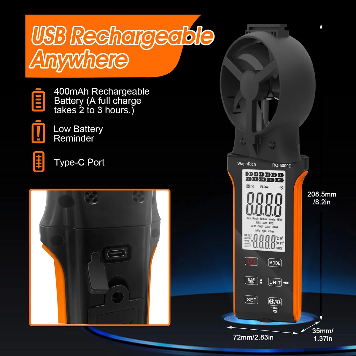 Windmesser CFM Messgerät, WapoRich Anemometer Handheld Wind Speed Meter Digital Windmessgerät Wiederaufladbares Misst Luftvolumen/Windgeschwindigkeit/Temp mit MAX/MIN für HVAC Drohne RQ-5000D