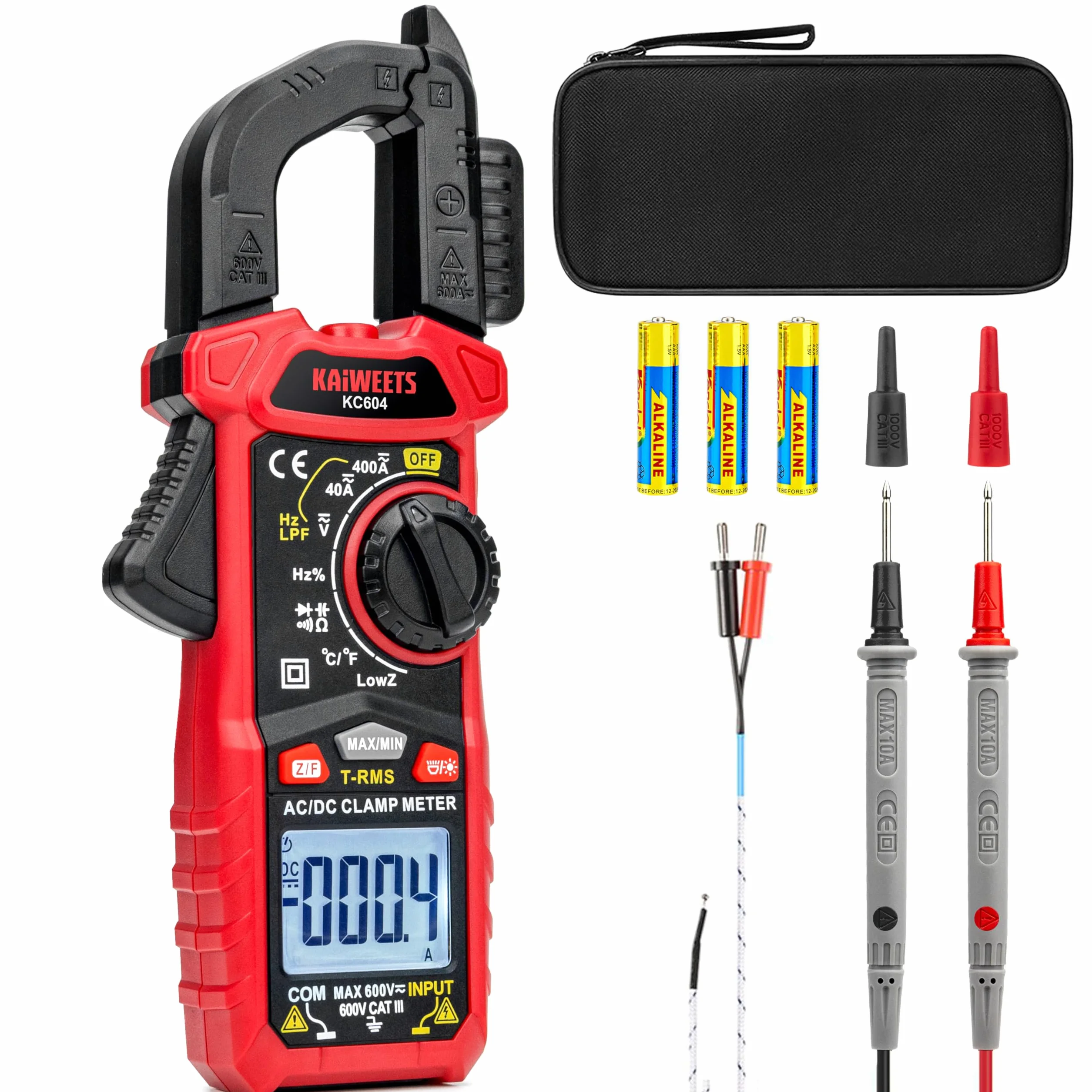 KAIWEETS Stromzange AC DC, Strommesszange True-RMS 4000 Zähl, Zangenamperemeter Taschenlampe Hintergrundbeleuchtung für die Messung AC/DC Spannung Strom Temperatur Kontinuität Diode NCV, KC604