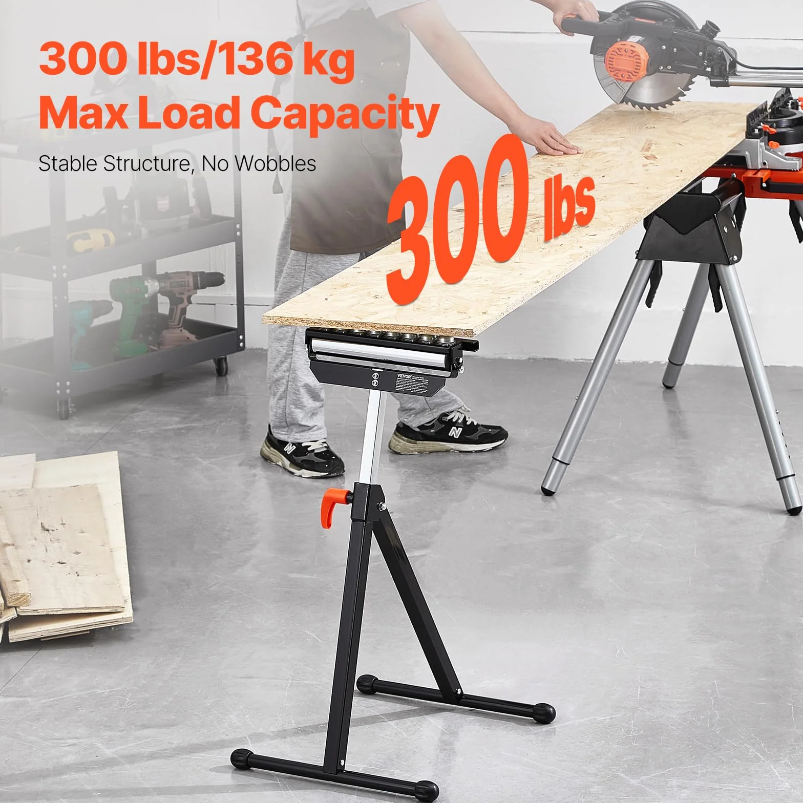 VEVOR 3-in-1 Rollenständer, 136 kg, 68–108 cm höhenverstellbar, Rollenbock mit 29,2 cm poliertem, multidirektionalem Rollenkopf, für Tischkreissägen-Auslauf, Holzbearbeitungs-Verlängerungsstütze