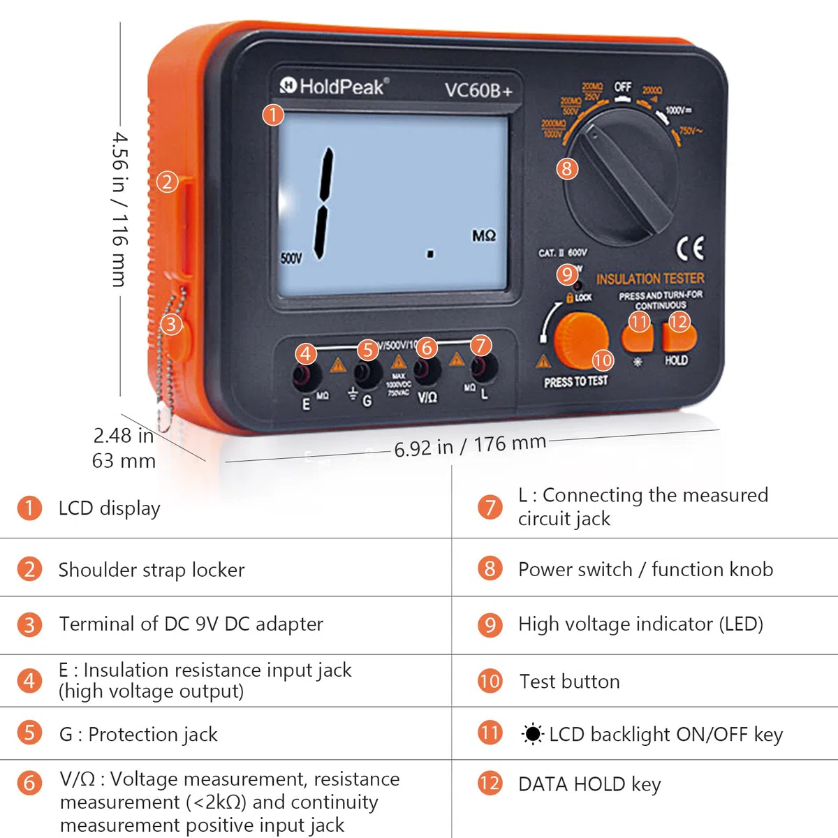 Isolationsmesser Isolationsmessgerät Digitaler Isolationswiderstandstester, Isolationsmesser 1999 Counts LCD Display 250/500/1000V Spannung, MegOhmmeter AC/DC Voltmeter, Isolationswiderstand 2000MΩ
