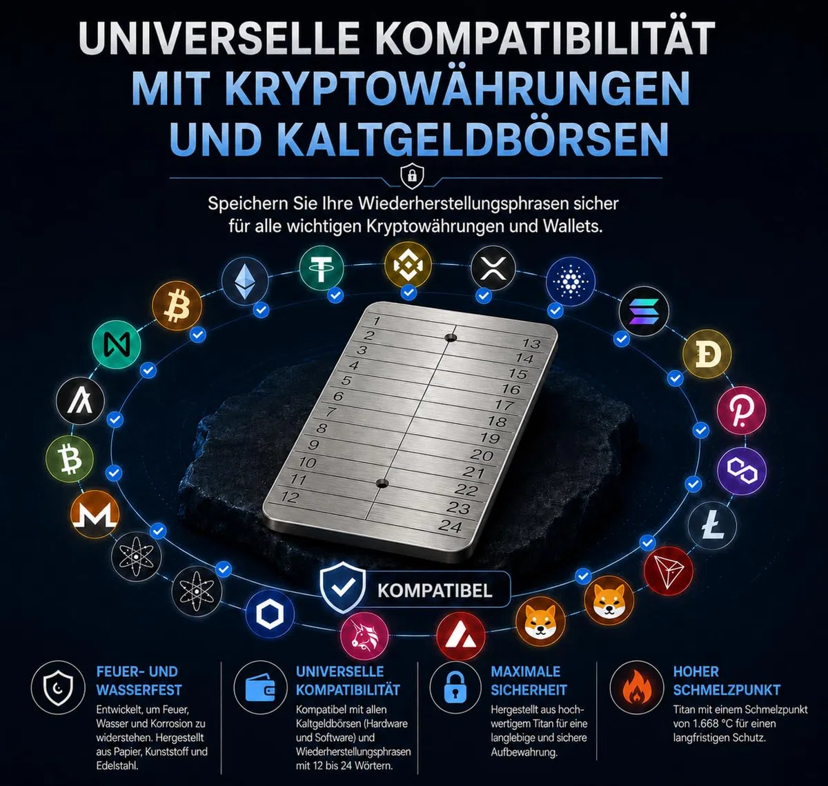 4X Titan-Speicherplatten für Krypto-Seeds, lasergraviert, stanzbar und ätzbar – sicheres Cold Wallet für Offline-Backups von Bitcoin, Ethereum & anderen Kryptowährungen.