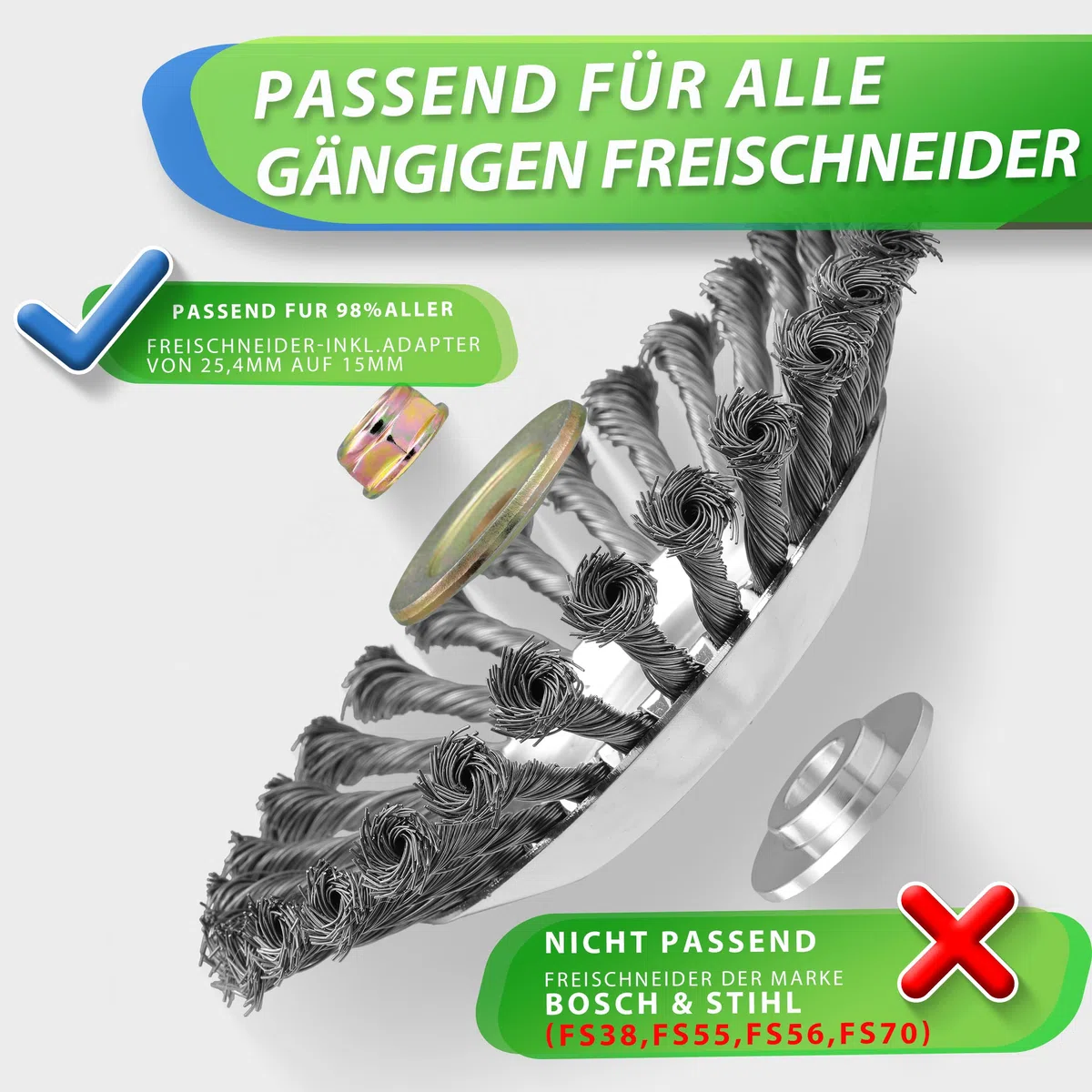 i-LEFNATE Unkrautbürste für Motorsense – 200x25,4mm Drahtbürste, Moos & Unkraut Entferner, robuste Stahlbürste für Garten, Pflasterfugen & Steinwege, inkl Adapter für 25,4mm & 20cm Bohrung