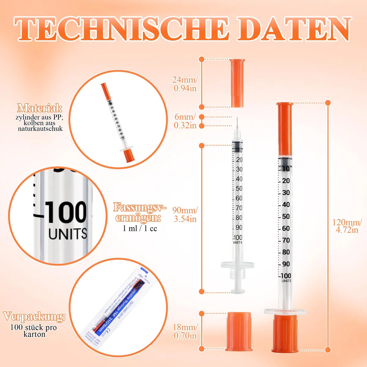 100 Stück 1ml Plastiktube 31G*6mm, Spritze mit Skala für Flüssigkeitstrennung, Einzeln Verpackt, Kunststoff Mehrzweck-Messwerkzeuge Laborzubehör für Tierpflege, Labor, Industrie