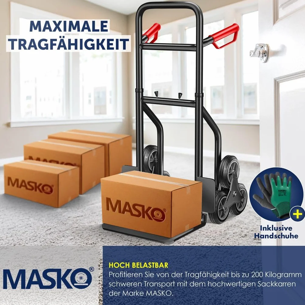 MASKO® Treppenkarre Sackkarre 200kg Transportkarre Treppensteiger Stapelkarre,klappbar Treppensackkarre Hartgummireifen| Kunststoff Griffe | Stahl Rahmen | 3-Fach Sternräder |Inkl. Handschuhe,Schwarz