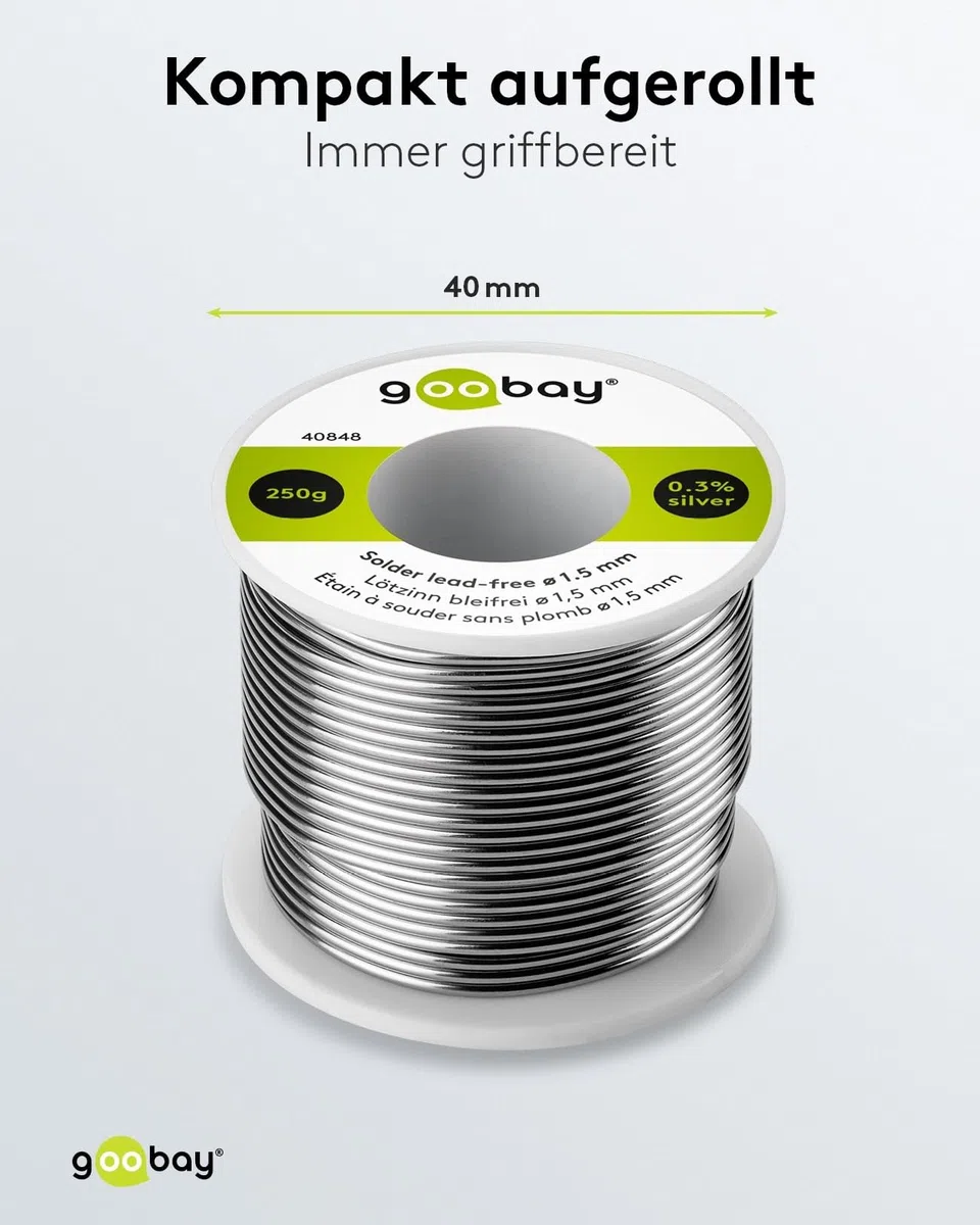 goobay Lötzinn Bleifrei 1.5mm für Kabel & größere Lötstellen, 250g Lötdraht mit Flussmittel, Elektronik Zinn zum Weichlöten - 40848