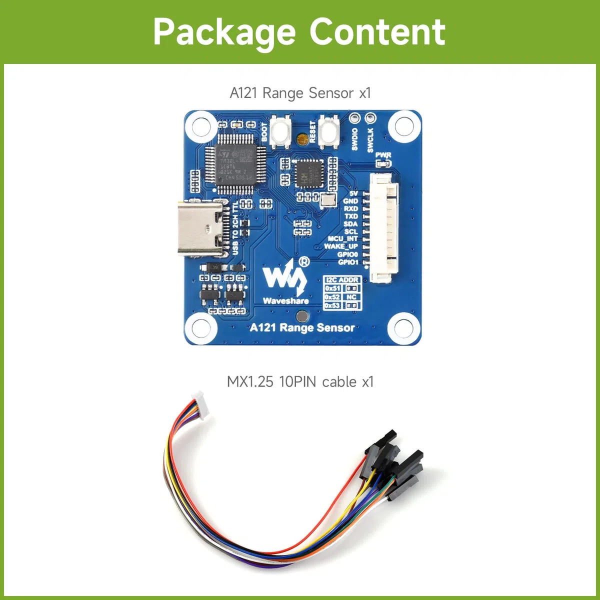 Waveshare A121 Range Sensor, A121 60GHz mmWave Radar Micro-Motion Detection Module, Based On Acconeer A121 Pulsed Coherent Radar (PCR) Sensor, Supports High-Precision Distance Measurements