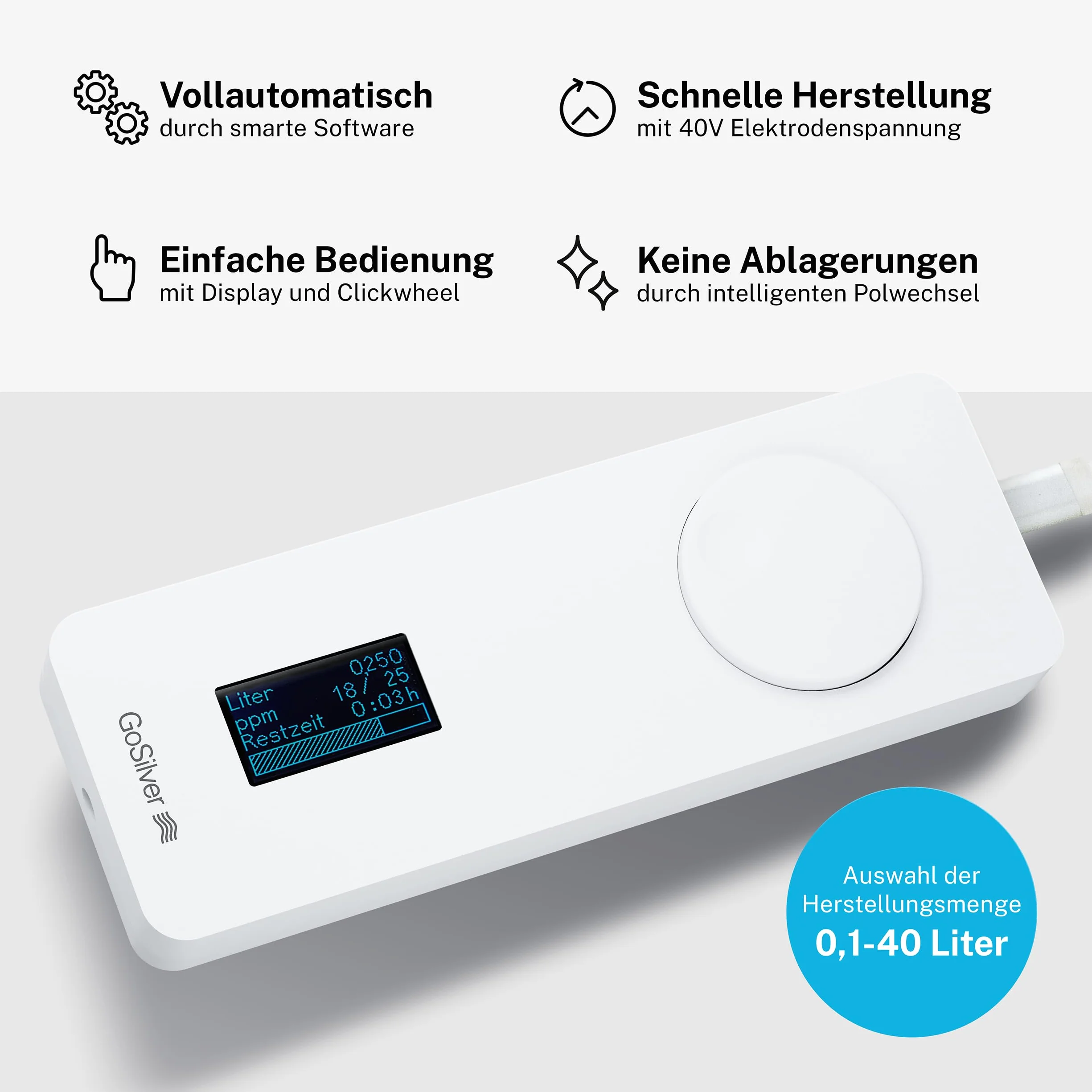 Plus Set - Silbergenerator mit Display, vollautomatisch (Inkl. 1 Paar Silber Elektroden Wide)