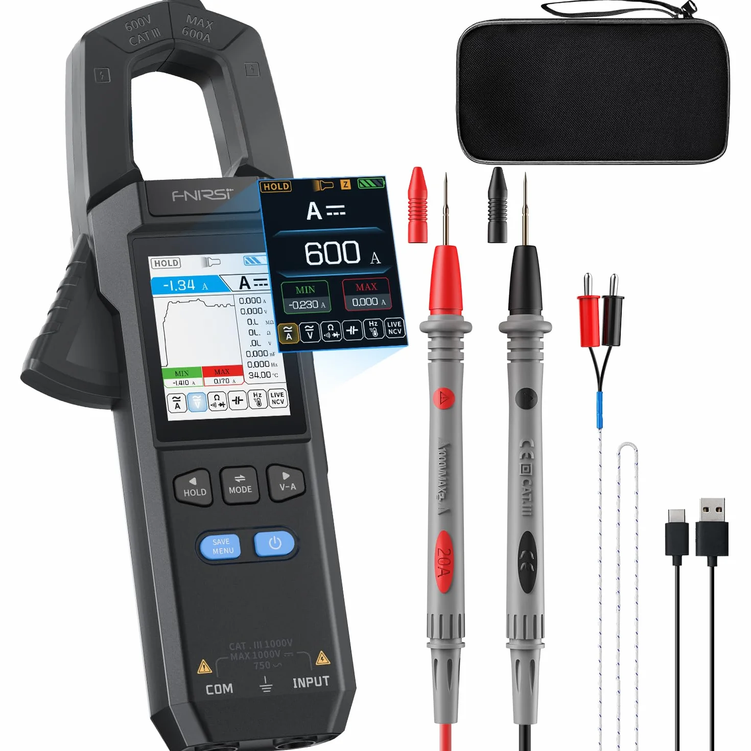 FNIRSI DMC-100 Digitales Zangenamperemeter, 9999 Counts TRMS-Multimeter, 600A Kurvenaufzeichnung, wiederaufladbares Amperemeter mit Aufbewahrungstasche, NCV, AC/DC-Spannungsstrom, Durchgangskapazität