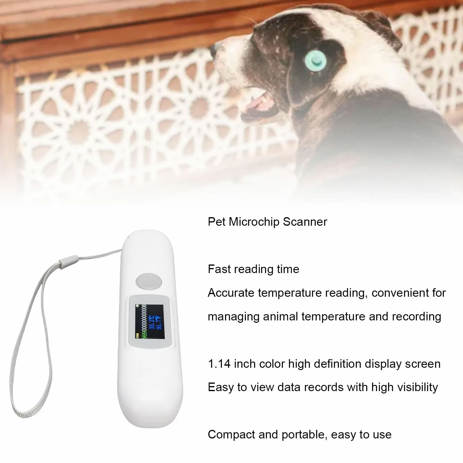 Sxhlseller Haustier-Mikrochip-Scanner mit Bluetooth und Temperaturüberwachung, 1,14-Zoll-Farbbildschirm, Tiermarkenleser, Kompatibel mit den Standards FDX-B ISO 11784 und 11785