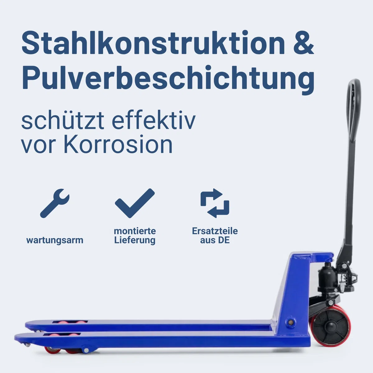 Pallit Five Hubwagen 2500 kg Palettenwagen 1150 mm Gabellänge Blau Robuster Gabelhubwagen mit PU Rollen Handhubwagen aus Stahl, langlebig
