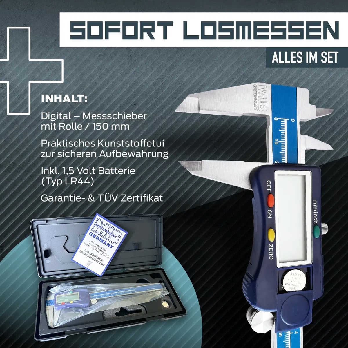 MIB Digitaler Messschieber mit Rolle DIN 862 150mm | Werkzeug für präzise Messungen | Messschieber digital aus Edelstahl | Schieblehre digital mit großem LCD-Display | 4-Fach Messung | Digital Caliper