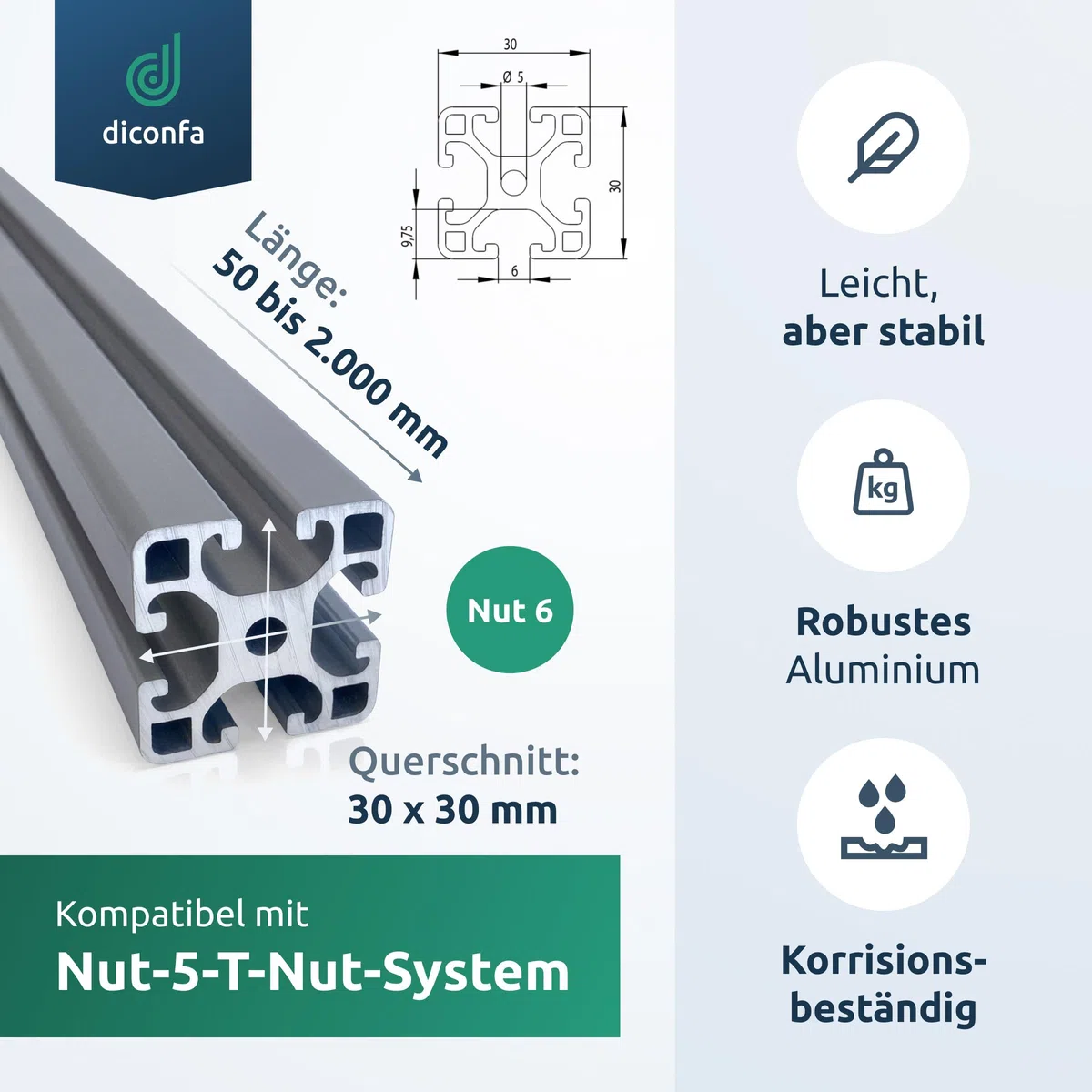 diconfa Aluprofil 30x30mm Nut 6 - WÄHLEN Größe & Menge - 15 Stück, 340mm lang T-Nut Schiene - Aluminiumprofil Alu Profil kompatibel mit allen Aluminium System- / ITEMprofilen für INNEN AUßEN