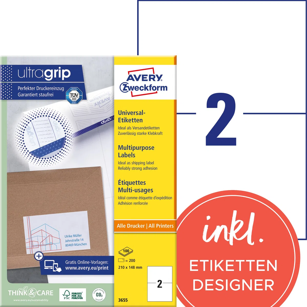 AVERY Zweckform 3655 Universal Etiketten (200 Klebeetiketten, 210x148mm auf A4, bedruckbare Versandetiketten, selbstklebende Versandaufkleber mit ultragrip, DHL) 100 Blatt, weiß
