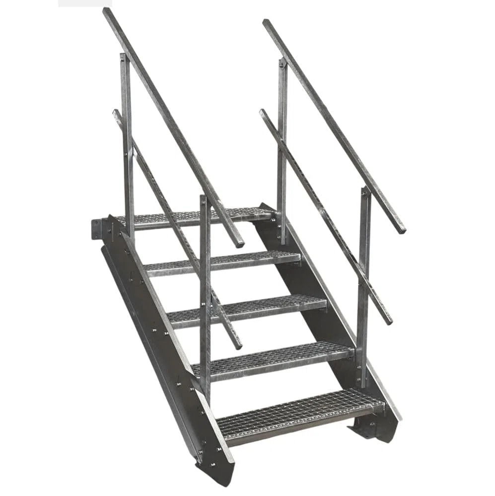 5 Stufen Stahltreppe mit beidseitigem Geländer/Breite 100 cm Geschosshöhe 70-105cm / Robuste Außentreppe/Wangentreppe/Stabile Industrietreppe für den Außenbereich/Inklusive Zubehör