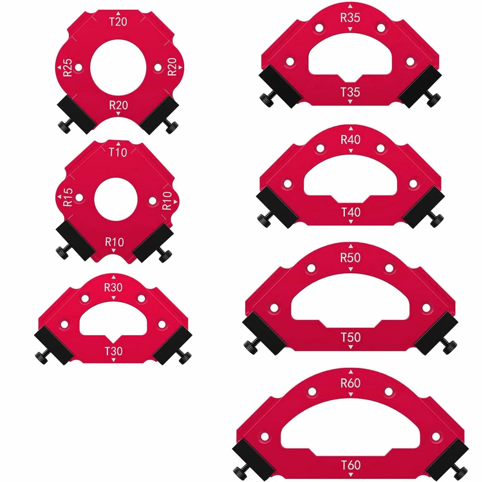 Radius Schablone Set, 7 Stück Eckradius-Frässchablone aus Aluminium,18 fach Radiuslehre für perfekte Innen, Außenrundungen & Fasen (R10-R60, T10-T60) mit Doppel-Anschlägen für Oberfräsen