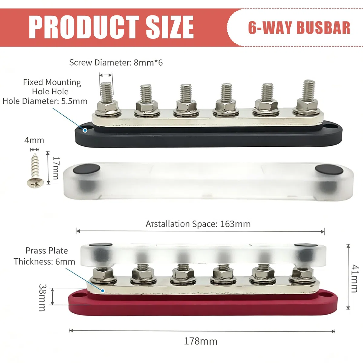 2 Stück M8 300A 12-48V Sammelschiene Stromverteiler Block Stromverteilungsblock Stromschiene Batterie Sammelschienenklemmenblock mit Abdeckung, Sammelschienen für Auto Wohnmobil Boot (Rot+Schwarz)