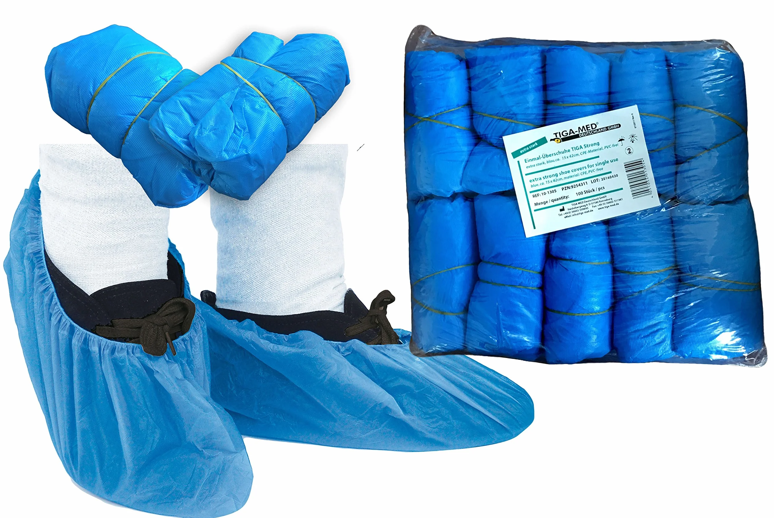 TIGA-MED Schuhüberzieher Einweg 1000 Stück – Überschuhe Strong 4,0 g aus CPE, wasserdicht & reißfest, mit Gummizug bis Schuhgröße 48, blau (OP/Praxis/Labor/Besucher)