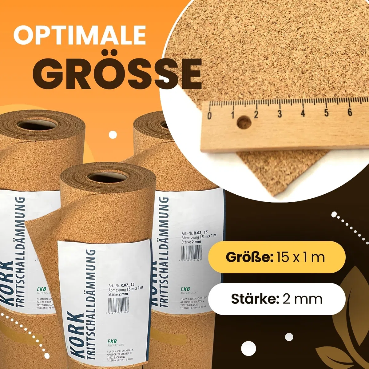 Trittschalldämmung 15x1m 2mm stark I natürliche Dämmunterlage I Rollenkork für Parkett & Laminat I Trittschallreduktion aus nachwachsendem Korkmaterial I Umweltfreundliche Trittschalldämmung