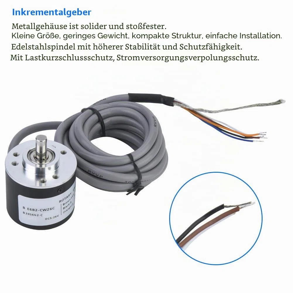 1000P/R Drehgeber, 300P/R to 2500P/R Inkremental-Drehgebermodul DC 5-26V Universal-Drehgeber A,B,Z 3-Phasiger Ausgang, Mit 2M Kabel 6mm D-Welle, Für Intelligente Steuerung Wegmessung (1000P/R)