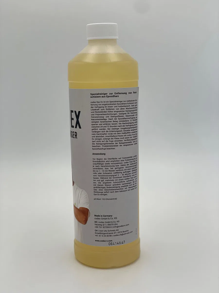Codex PURE EPO EX Epoxidharz-Spezialreiniger 1 L – entfernt Epoxidharz-Schleier, PU-Klebereste & Rückstände – Reiniger für Fliesen, Feinsteinzeug & Naturstein – Profiqualität zur Bauendreinigung
