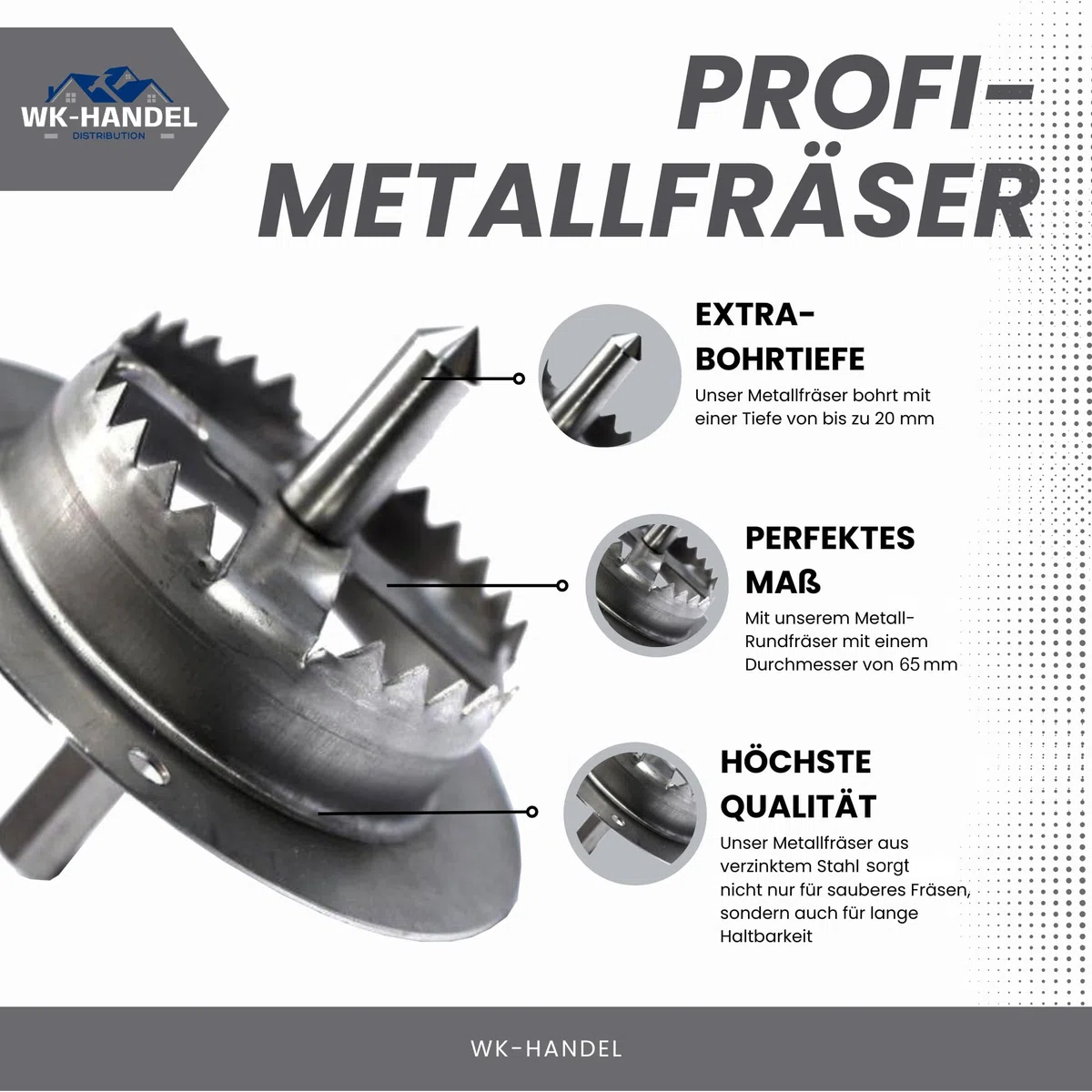 Metall-Fräser für Styropor - Ø65mm - Fräser für Mineralwolle, WDVS Fräse, Rondelle, Dämmstoffdübel - Aus verzinktem Stahl