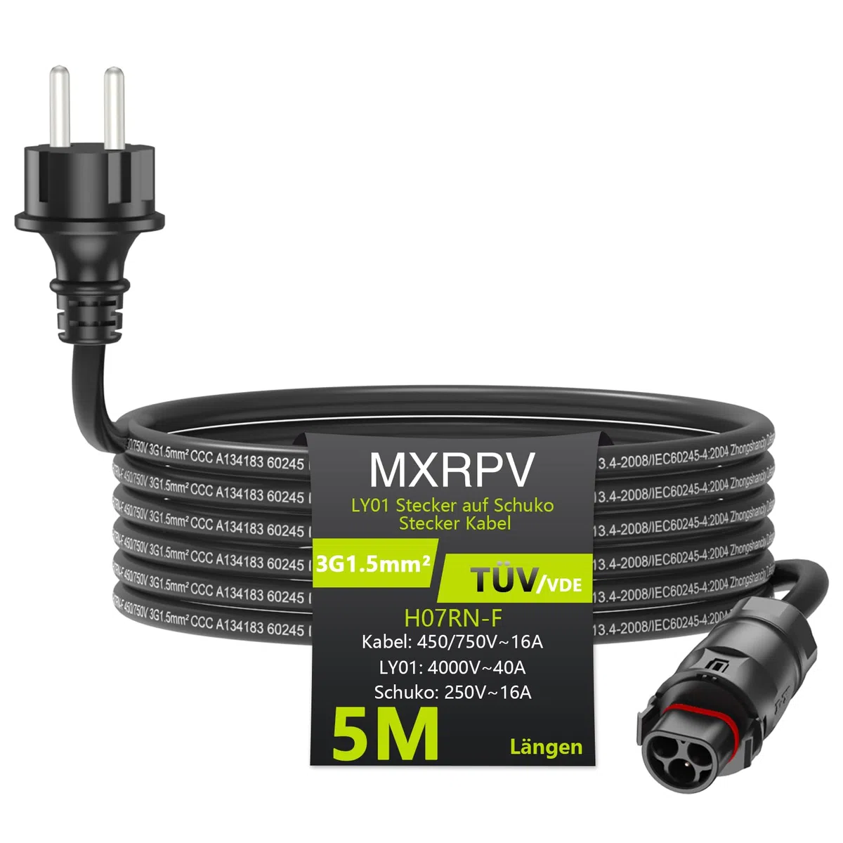 LY01 Kabel 2/3/5/10M,LY01 zu Schuko Adapter Kabel,LY-01 Buchse auf Schuko Stecker AC Anschlusskabel,Solar PV Steckdose für die Deye Mikrowechselrichter SUN-Serie (5 meter)