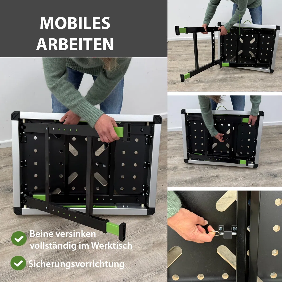 TRUTZHOLM Werkbank Multifunktionstisch Spanntisch 60 x 85 cm klappbar höhenverstellbar 73–90 cm Arbeitstisch mit Messskala, 450 Kg, 20mm Lochrastersystem, Werkzeugboxen, Schnellspannern