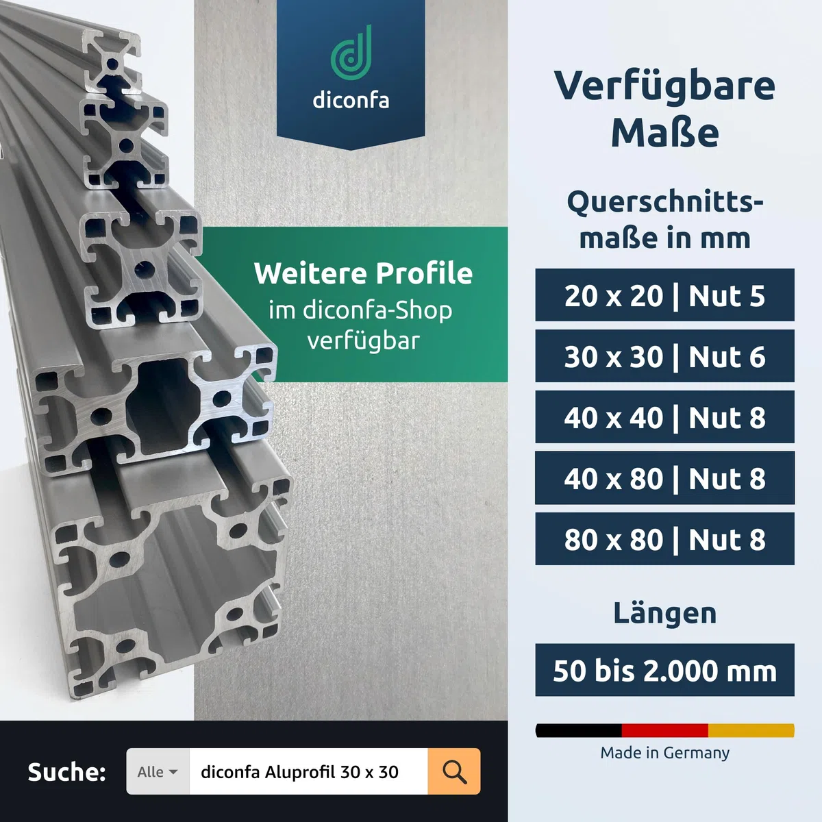 diconfa Aluprofil 30x30mm Nut 6 - WÄHLEN Größe & Menge - 15 Stück, 340mm lang T-Nut Schiene - Aluminiumprofil Alu Profil kompatibel mit allen Aluminium System- / ITEMprofilen für INNEN AUßEN
