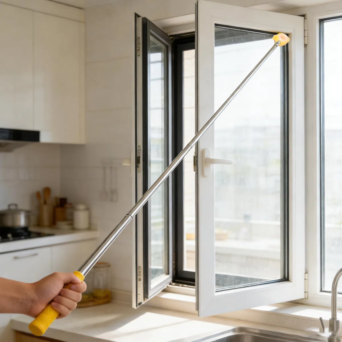 Fensterstangenöffner Teleskopstange Ausziehbar bis 1,88m Gelb mit 5 Segmenten Zugstange für Schwer Erreichbare Schiebefenster in Küche Schlafzimmer und Wohnzimmer
