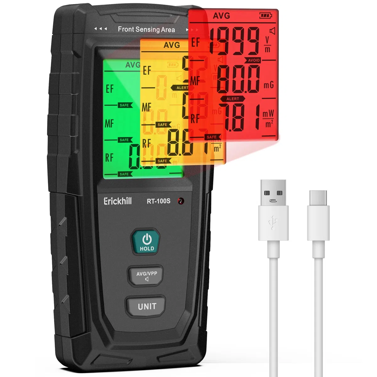 ERICKHILL EMF Messgerät RT-100S, EF/MF/RF-Prüfung, wiederaufladbarer magnetfeld, digitaler/Grafik-Dual-Interface-Strahlungsdetektor, digitaler LCD-Bildschirm, für Zuhause, Büro, Outdoor
