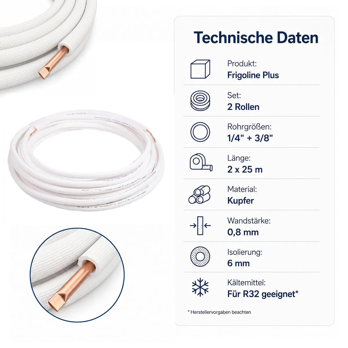 Kältemittelleitung 1/4" + 3/8" 25 m Kupferrohr Kupferleitung | 6 mm Isolierung | Klimaanlage Rohr für Kältemittel R32 | Kühlrohr Frigoline Plus | 2 Rollen