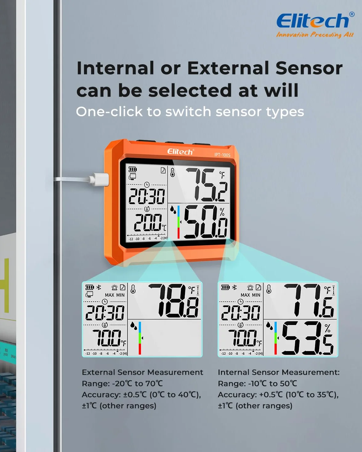 Elitech Digitales Bluetooth Hygrometer Thermometer mit App, 4,5" Display, Echtzeit-Überwachung von Temperatur & Luftfeuchtigkeit, PDF/CSV-Export, externe Sonde, IPT-100S