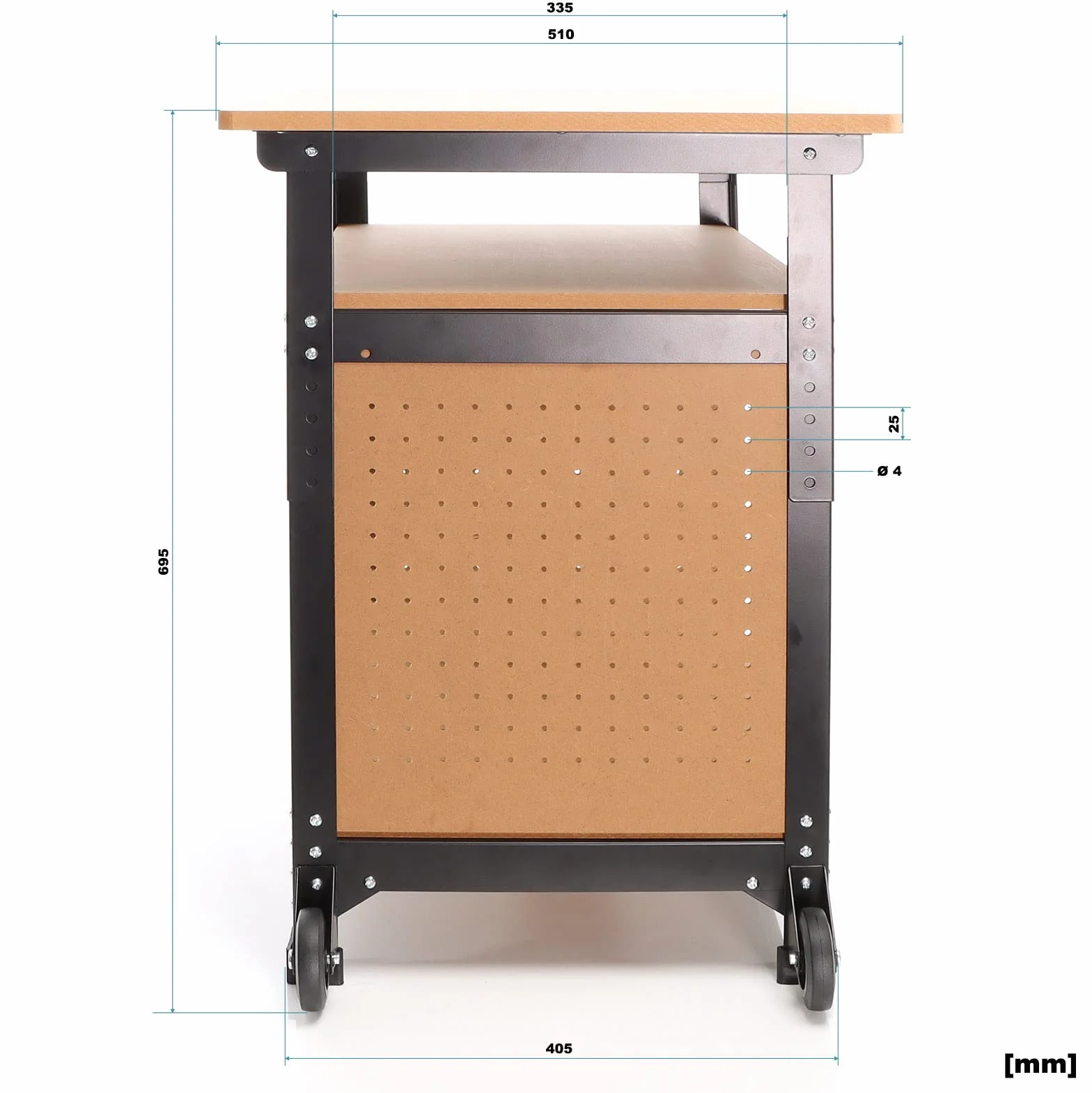 XPOtool Fahrbare Werkbank 69 x 51 x 66-82 cm, höhenverstellbarer Werktisch, Arbeitstisch mit 2 Rollen, 2 Ablagen und seitliche Lochwand