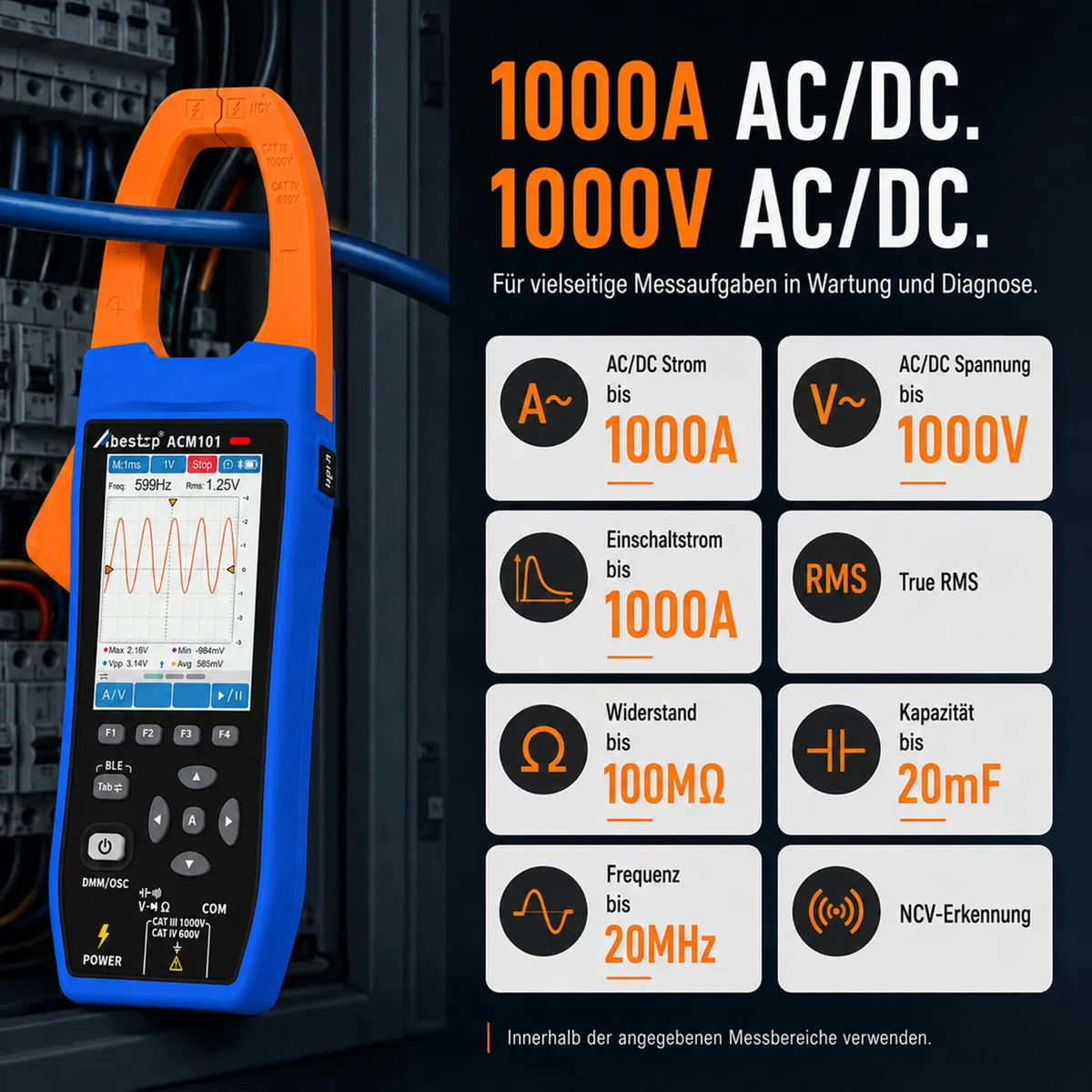 3-in-1 AC/DC Stromzange mit Oszilloskop, Bluetooth-App-Steuerung und CSV-Datenaufzeichnung, True RMS, 1000A/1000V, Einschaltstrom, NCV, 20.000 Zählwerte, wiederaufladbar für Elektro-, HLK- und Kfz-Ser