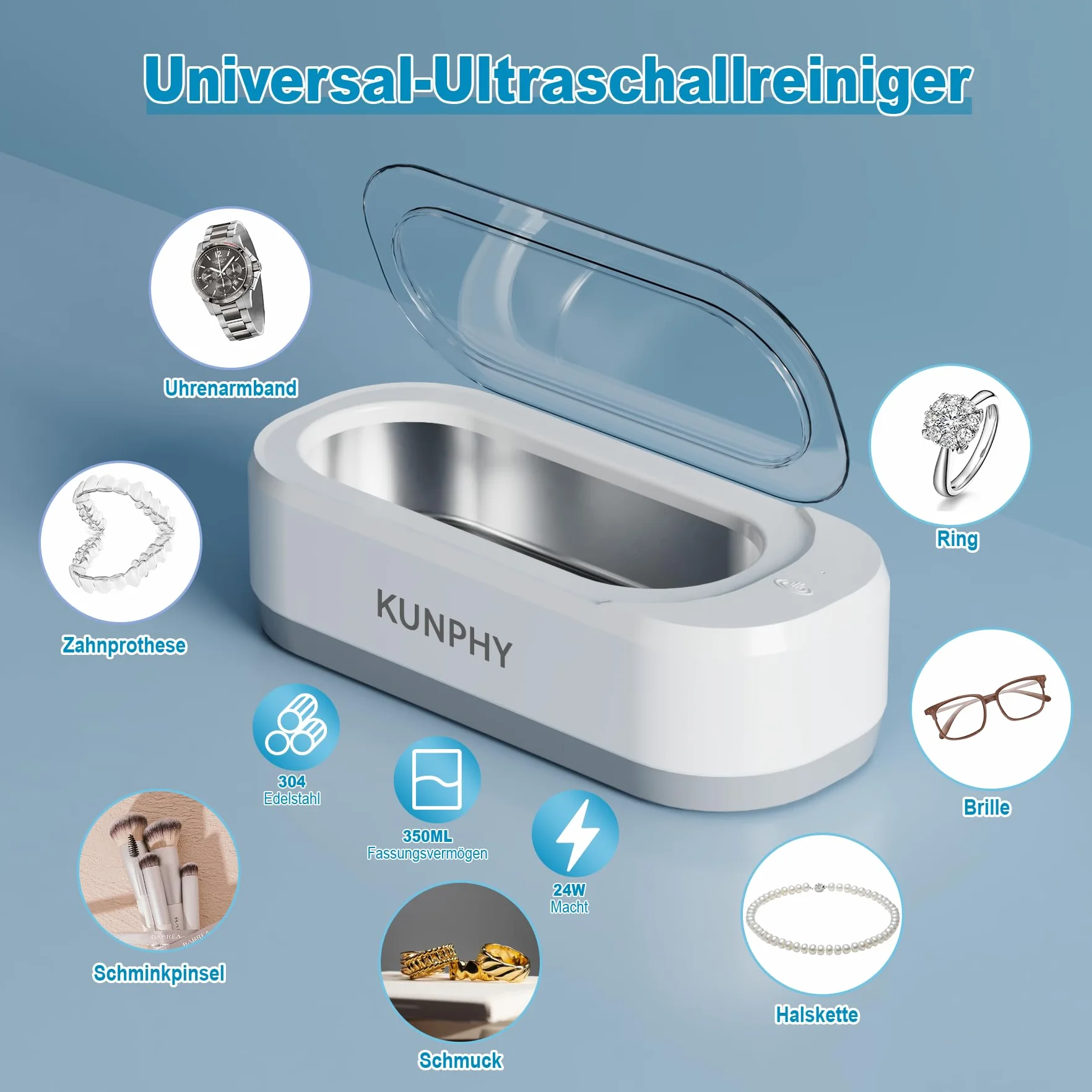Ultraschallreinigungsgerät Brille, Ultraschallreiniger 350ml 46KHz, Ultraschallgerät Ultrasonic Cleaner für Brillen Schmuck Uhren Zahnschiene Zahnprothesen Kontaktlinsen Glasses Jewelry Aligner