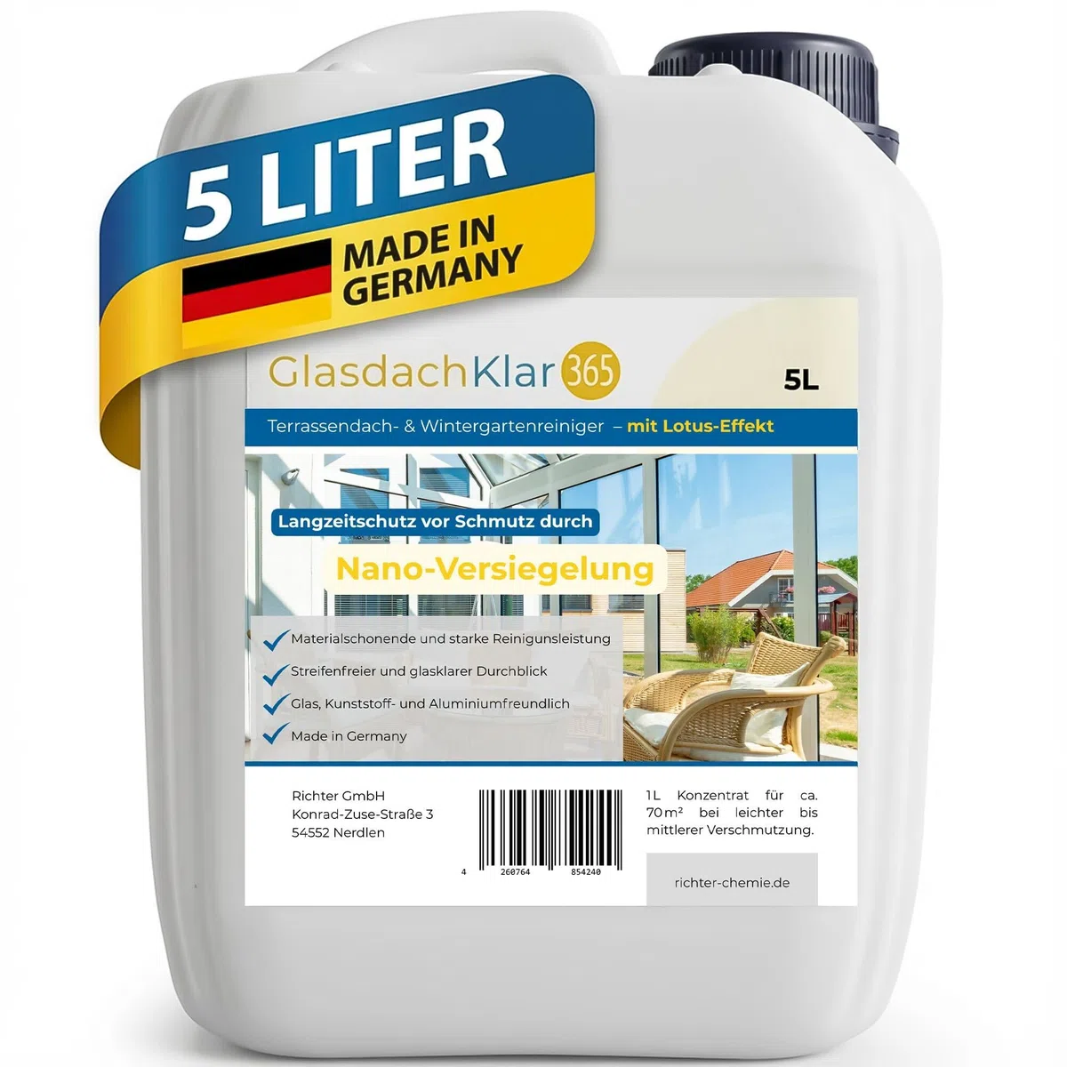 Glasdachklar365 Terrassendach- und Wintergarten Reiniger | Terassendach reinigen | Langanhaltender Schutz mit Nano-Versiegelung für Wintergärten 5 Liter