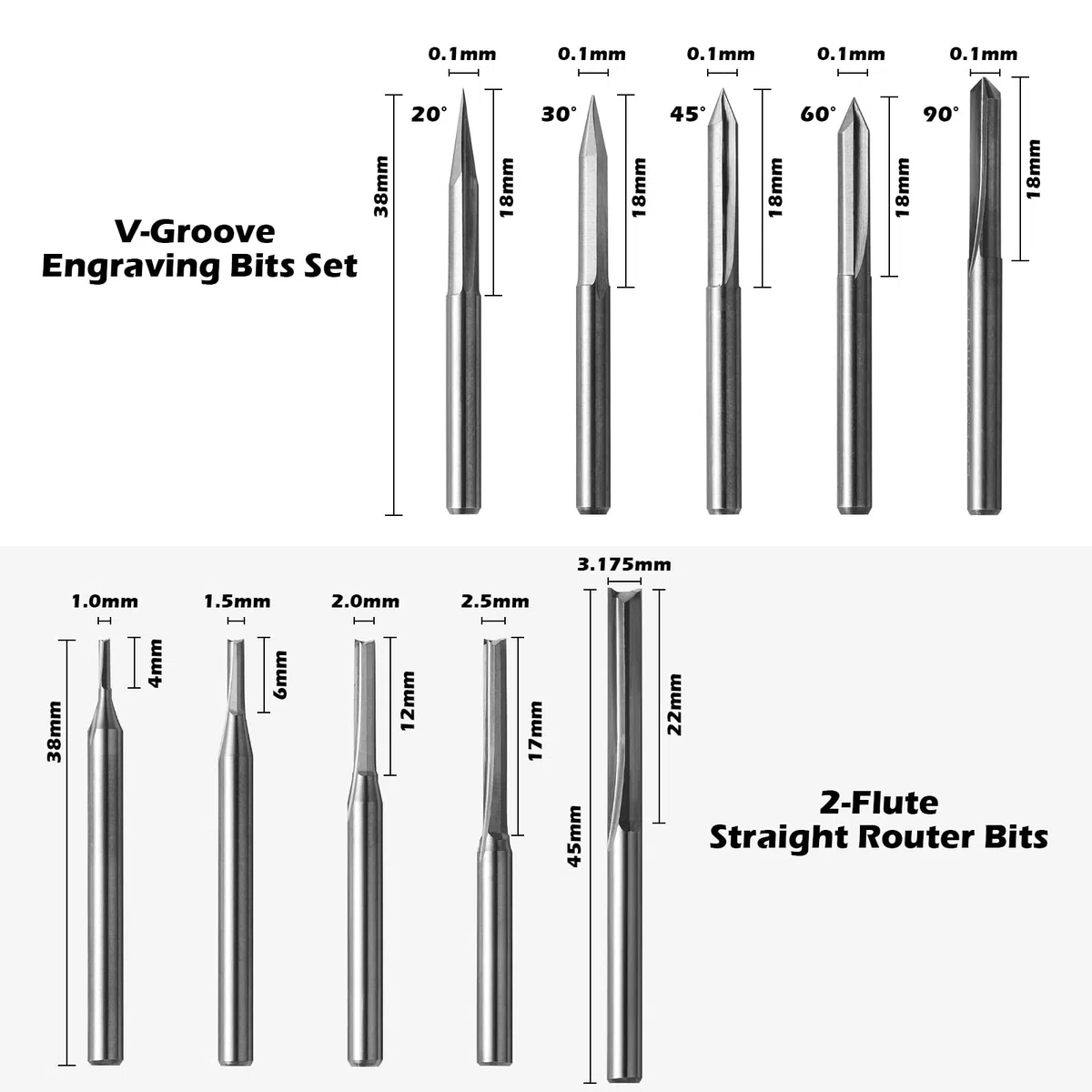 Genmitsu 50 Stück Hartmetall CNC Fräser-Satz, 1/8 Zoll Schaft 2-Flute Schaftfräser, Kugelfräser & Spiralfräser, PCB Drill Router Bits & V-Groove Gravierfräser, MC50A
