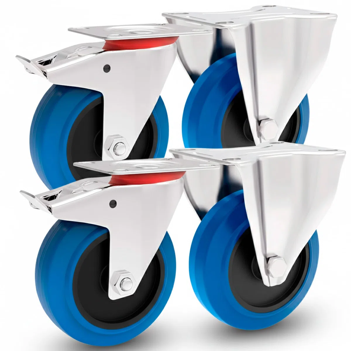Transportrollen mit Bremse 100mm Möbelrollen Schwerlast - Bockrollen Set Gummi Rollen Blue Wheels Lenkrollen für Rollbrett Werkstatt schwere Möbel Palettenmöbel Rollwagen Räucherschrank Werkzeugwagen