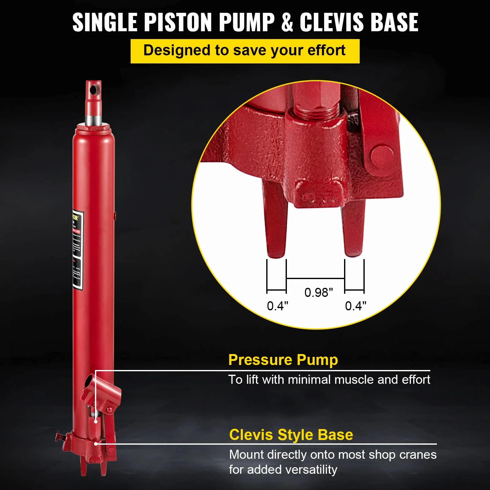 VEVOR Hydraulischer langer Rammenheber, 3 t Kapazität, mit Einzelkolbenpumpe & Gabelkopfsockel, manueller Hubarbeitsbühnenheber mit Griff, für Garagen-/Ladenkräne, Motorhebebühne, rot