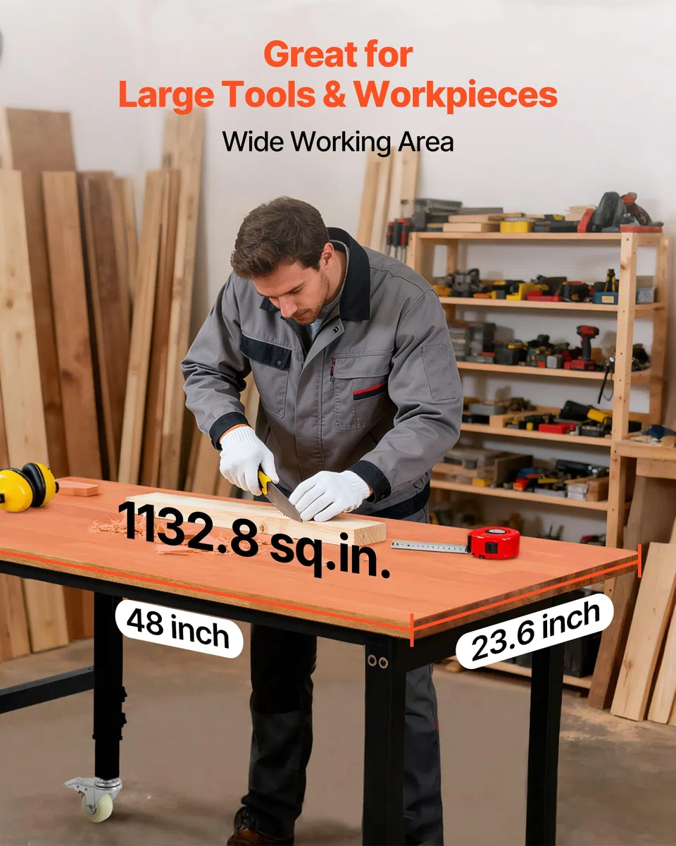 VEVOR Werkbank, 680 kg, Werkstatttisch mit Rolle, 122x60 cm große Arbeitsplatte aus Eichenholz, Arbeitstisch mit Höhenverstellung von 725-1075 mm, Werktisch für Garage, Werkstatt, Zuhause & Büro