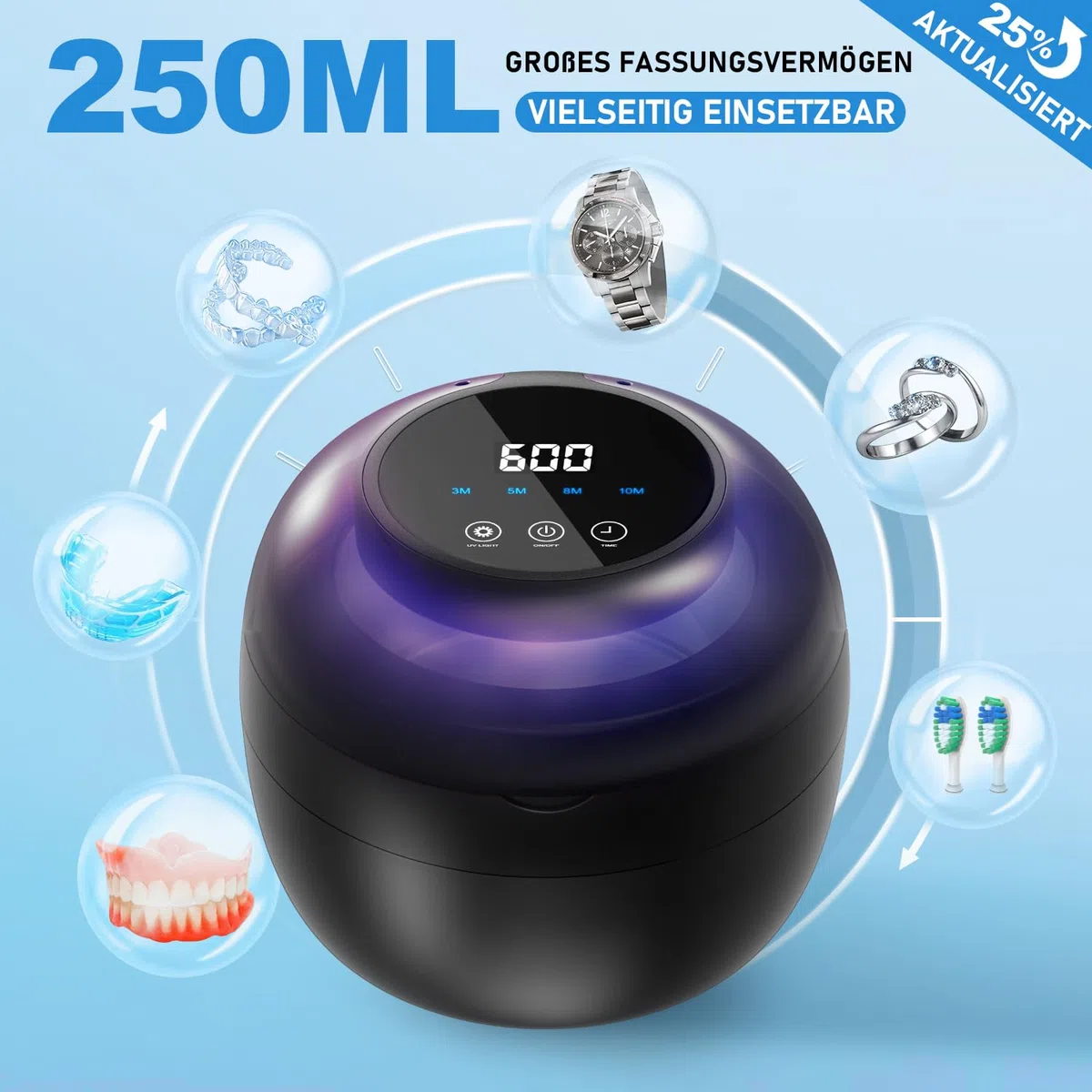 Ultraschallreinigungsgerät, 50kHz Dental Pod, 250ML Ultraschallreiniger, Ultrasonic Cleaner mit 6 UV Lampe für Zahnspangen, Zahnschiene, Retainer, Zahnersatz, Prothesen, Aligner, Schmuck