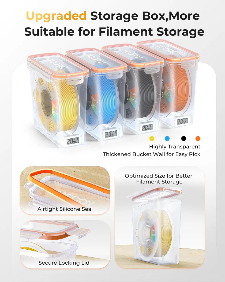 YOOPAI Pro Filament Aufbewahrungsbox mit Temperatur & Feuchtigkeitsmonitor – EinzelspulenLagerbox, luftdicht, sichtbares Display, feuchtigkeits- & staubgeschützt für 3D-Druck (4er-Pack)