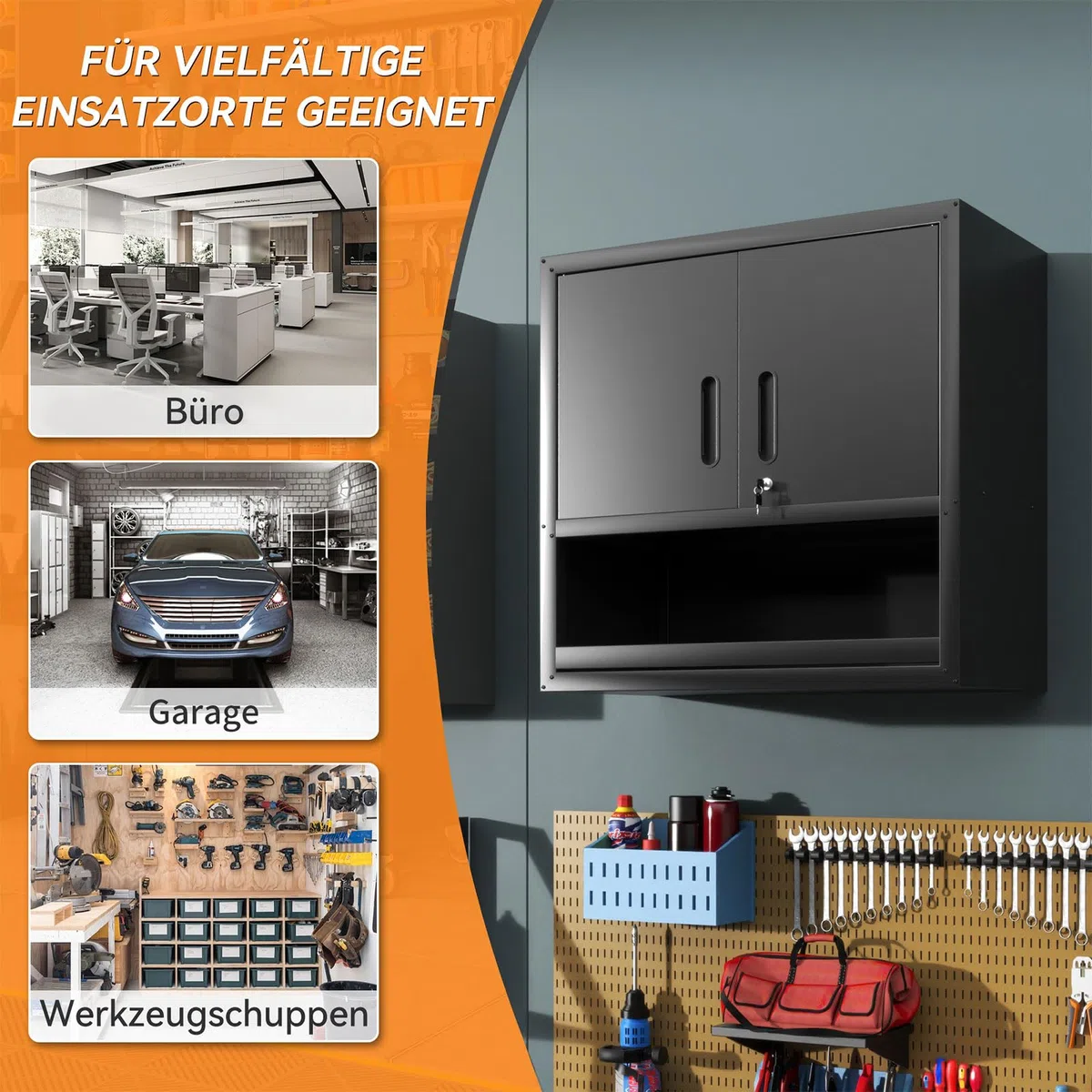 Wandmontierbarer Metall-Werkzeugschrank 77x75x30 cm | Abschließbarer Hängeschrank mit Verstellbarem Einlegeboden & Offenem Schub | Rostfrei für Garage, Lager, Büro, (Schwarz)