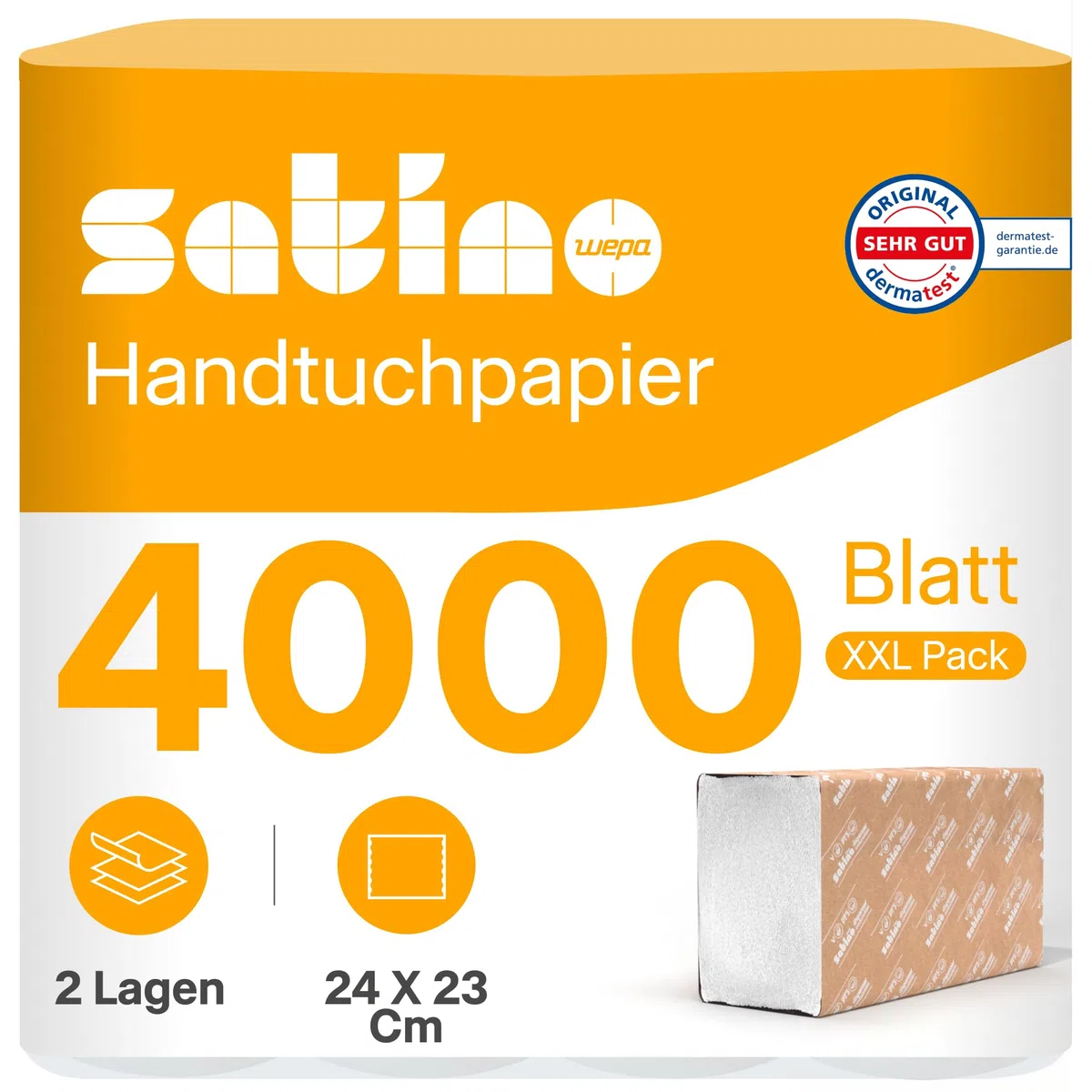 4.000 Papierhandtücher 2-lagig - V-Falz - 24x23cm (gefaltet: 24 x 11,5 cm) - saugstark & fusselfrei - Handtuchpapier aus Recyclingpapier - Papiertücher für PT3, PT4 - Satino