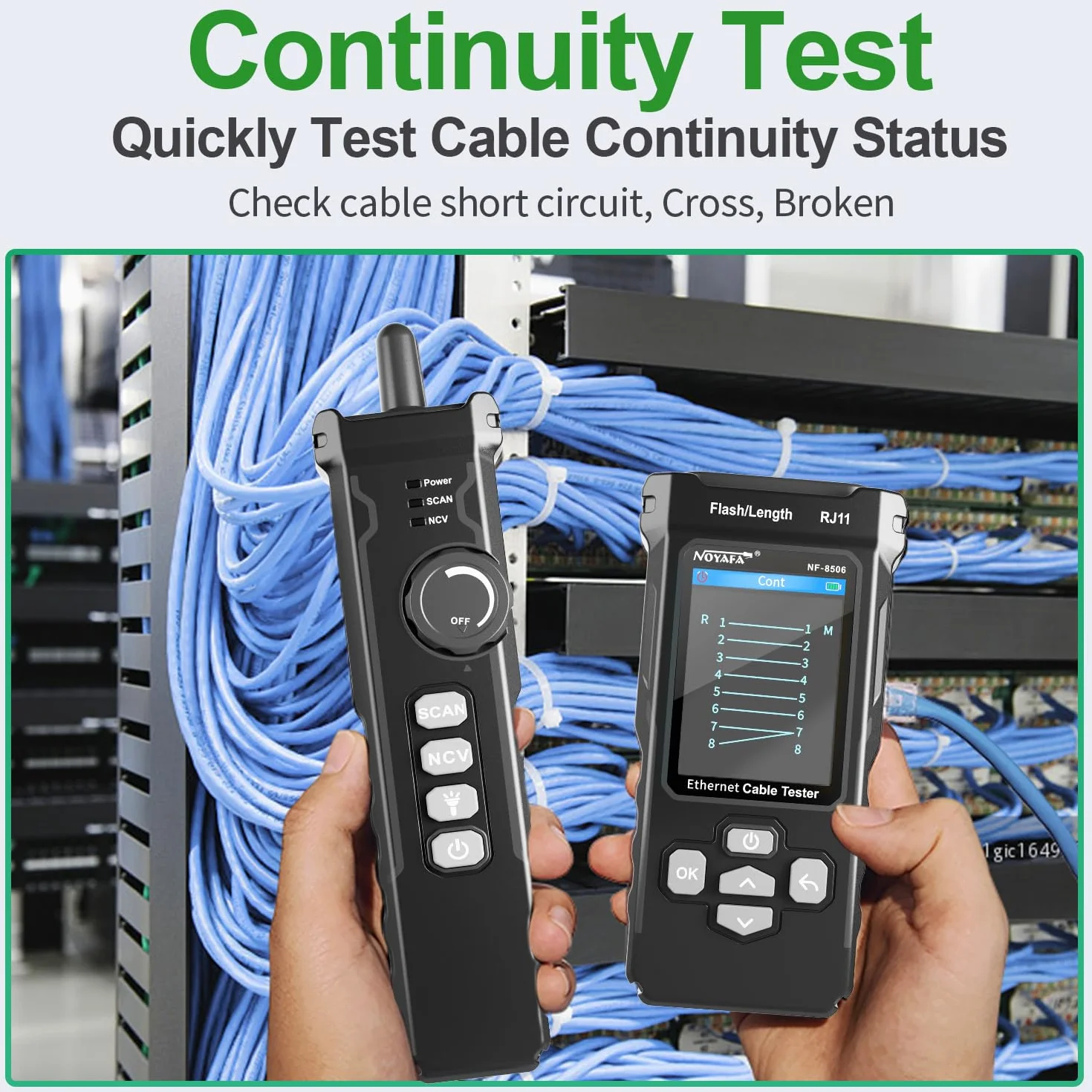 NOYAFA Netzwerktester mit IP-Scanning, PING- und Switch-Rate-Test, TDR Netzwerkkabel Tester, RJ11 RJ45 Tester, Ethernet-Kabeltester für Cat5/Cat6 POE-Tests, Wire Tracer Mapping, NF-8506