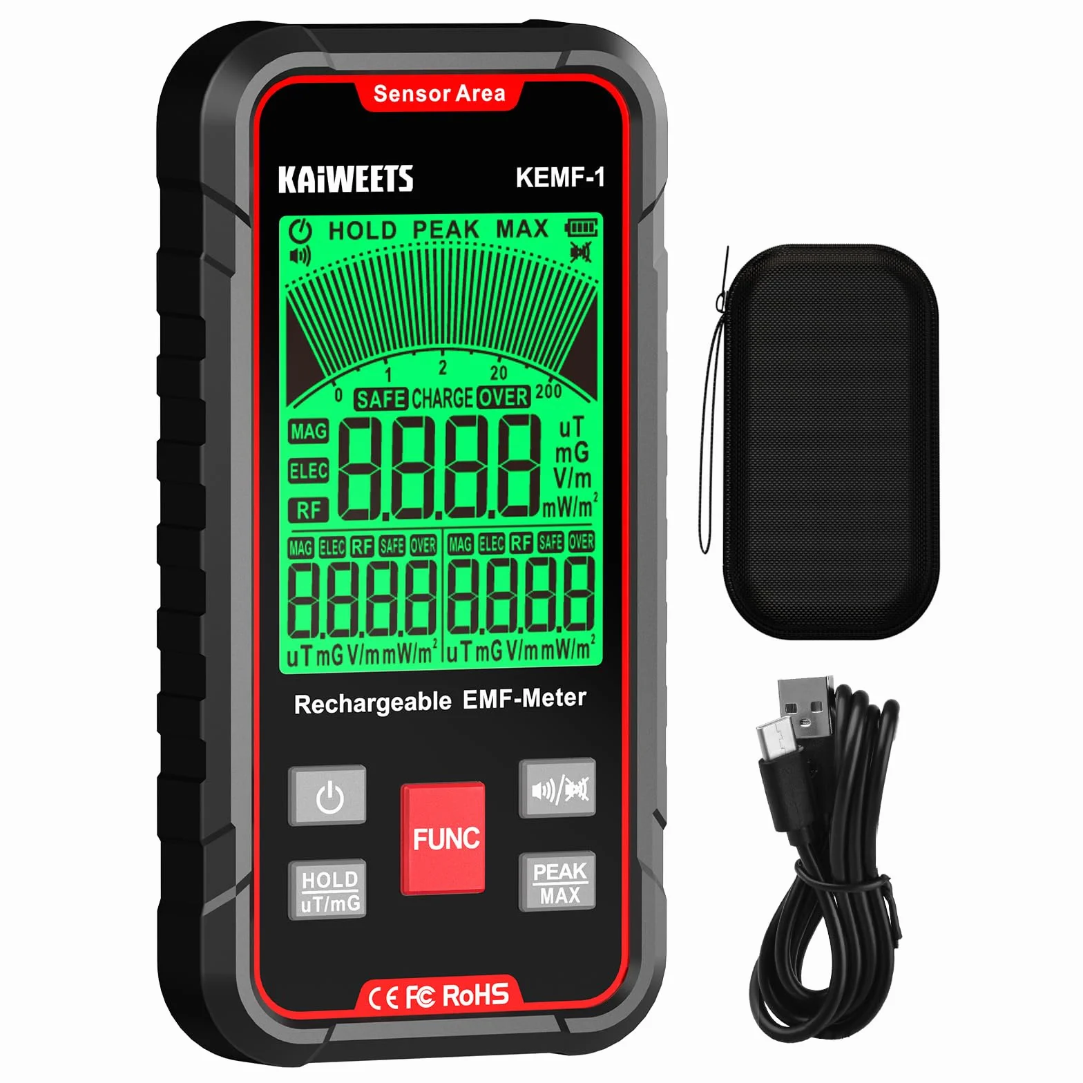 KAIWEETS EMF Messgerät, Gleichzeitige Anzeige von EF/MF/RF-Daten, LED-Display, Typ-C-Ladeanschluss, Tragbar für Zuhause, Büro und Außenbereich