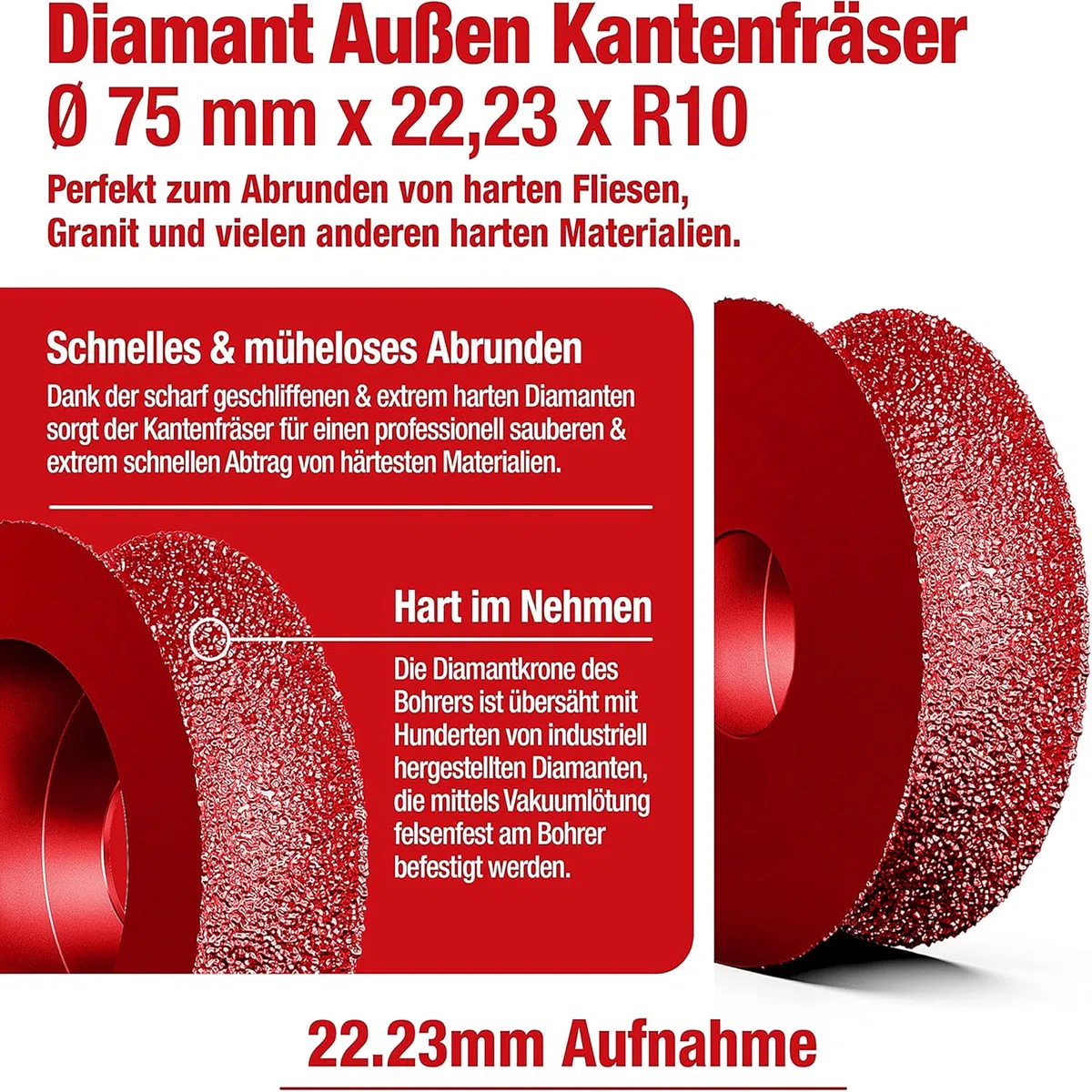 Diamant Außen Kantenfräser Ø 75 mm x 22,23 R10 - Premium Qualität zum Abrunden von harten Fliesen, Granit u.v.m - Abrundfräser für hochwertige Präzise Ergebnisse - Radiusfräser 75mm R10