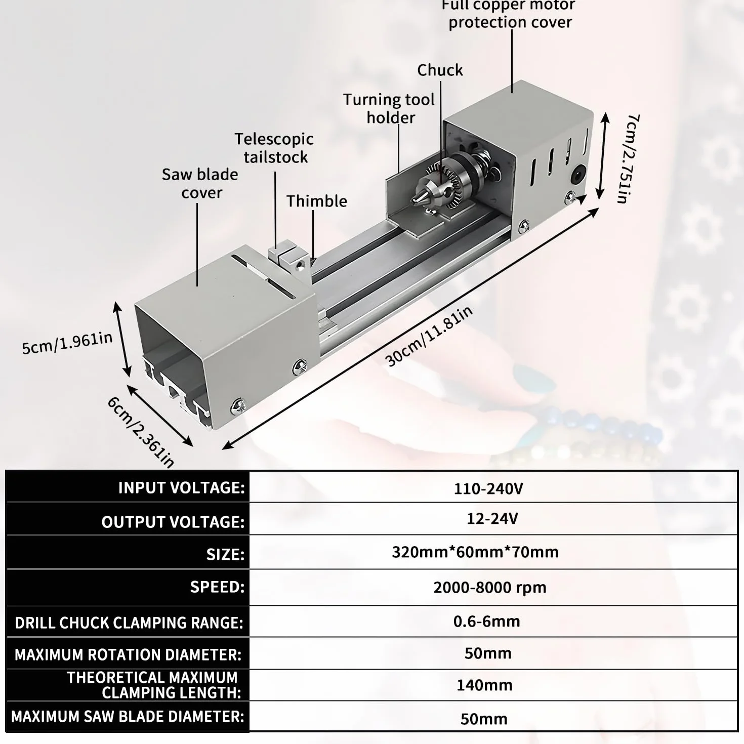 Mini Drehmaschine, Drehbank 2000-8000U/min, Metall Kleine Drehbank mit 7 Gang Einstellung, Klemmbereich von 0.02-0.24 Zoll, Drehmaschine Metall für Dreh, Einstech, Schleif