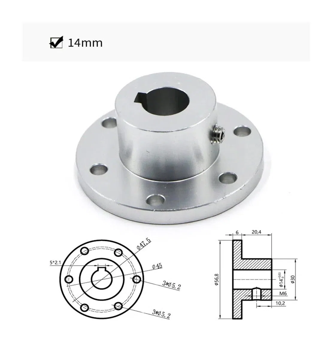 Flanschkupplung, hochfeste Aluminiumlegierung, Omni-Rad-Durchmesser 5, 6, 8, 10 mm, 12, 14, 15, 16, 18 mm, Keilnut-Kupplung (Size : 14mm keyway)