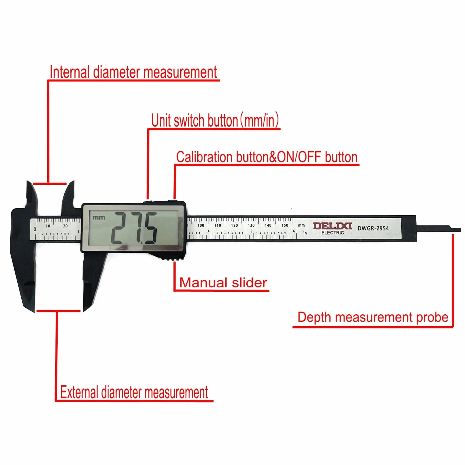 JZK 150 mm elektronischer digitaler Messschieber aus Kunststoff mit großem LCD-Bildschirm, 15 cm 6 Zoll metrische Zoll-Umrechnung, Tiefenmesser, Messwerkzeug für den Innendurchmesser
